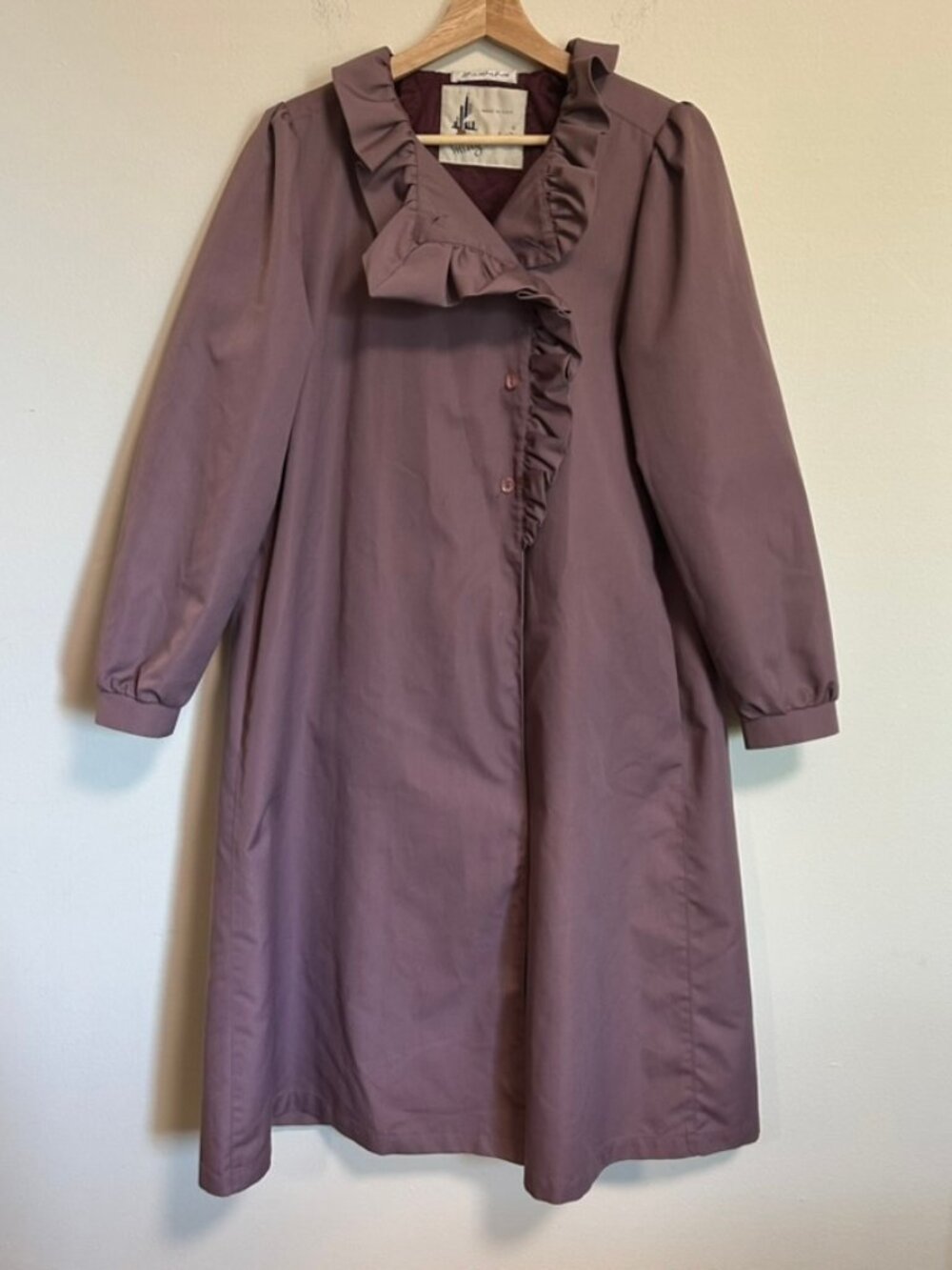 Vintage Dusty Purple Trench Coat Misty Harbor 80s Ruffle Made in USA Sz 10 EUC